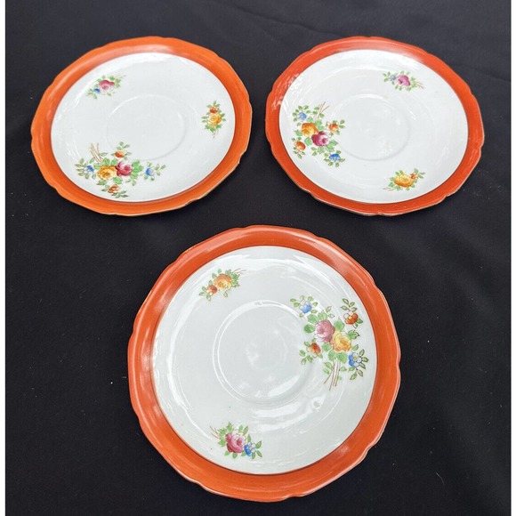 Hand Painted CORONATION CHINA From JAPAN Floral Saucers Red/Orangr TRIM - Picture 2 of 6